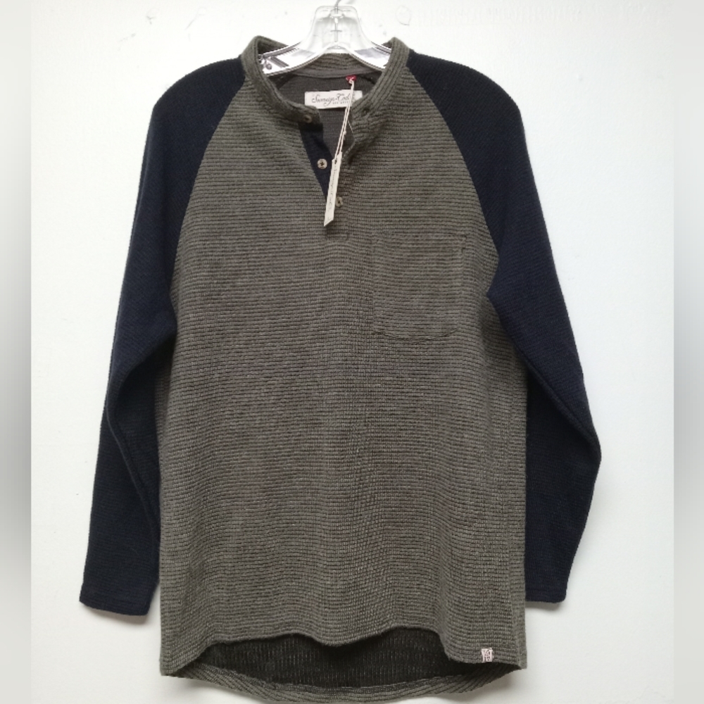 Sovereign Codes Gray Navy Front Pocket  Sweater Knit Top